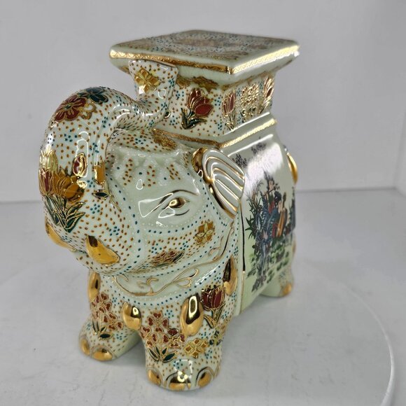 Vintage Satsuma Porcelain Elephant Plant Stand With Asian Design - Picture 4 of 10